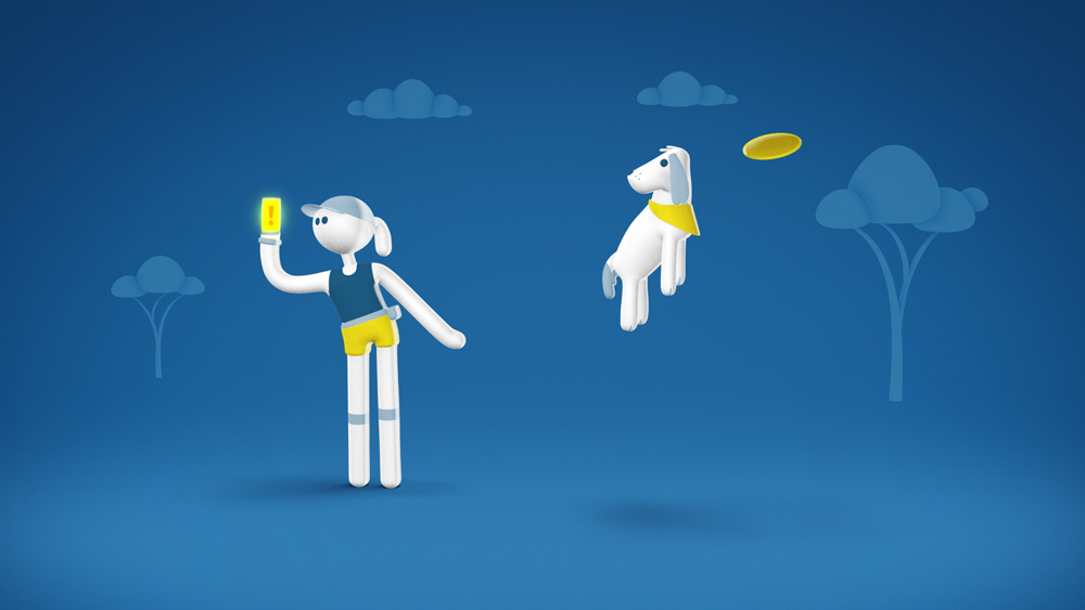 A woman receiving Emergency Mobile Alert next to a dog floating